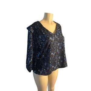 Women M Roan + Ryan Blue Black Printed V-Neck Blouse Shirt Top 3/4 Slv